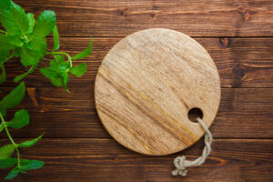 Set Leaves Cutting Board Wooden Background Top View Copy Space Text