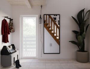 white corridor with staircase scandinavian style 3d visualization