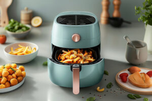 view modern hot air fryer with cooked food